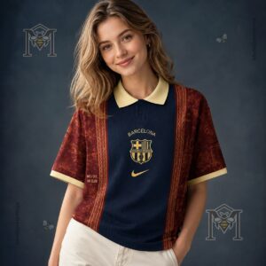 FC Barcelona Classic Heritage Polo - side view showing 'MÉS QUE UN CLUB' slogan
