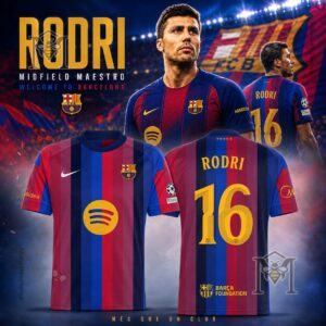 FC Barcelona Rodri Midfield Maestro Football Jersey - player Rodri and two jerseys display