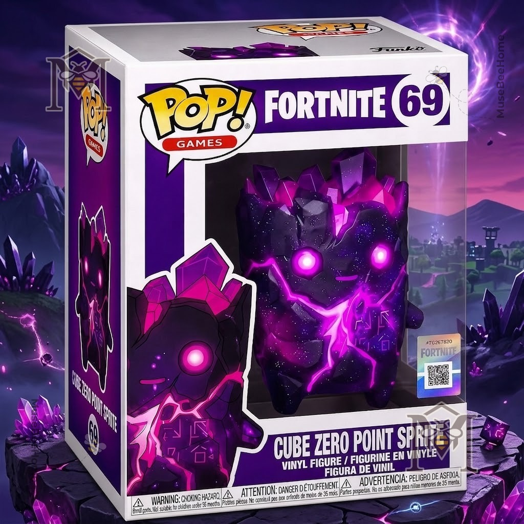 Fortnite Cube Zero Point Sprite Funko Pop - full box view with figure against a fantasy landscape