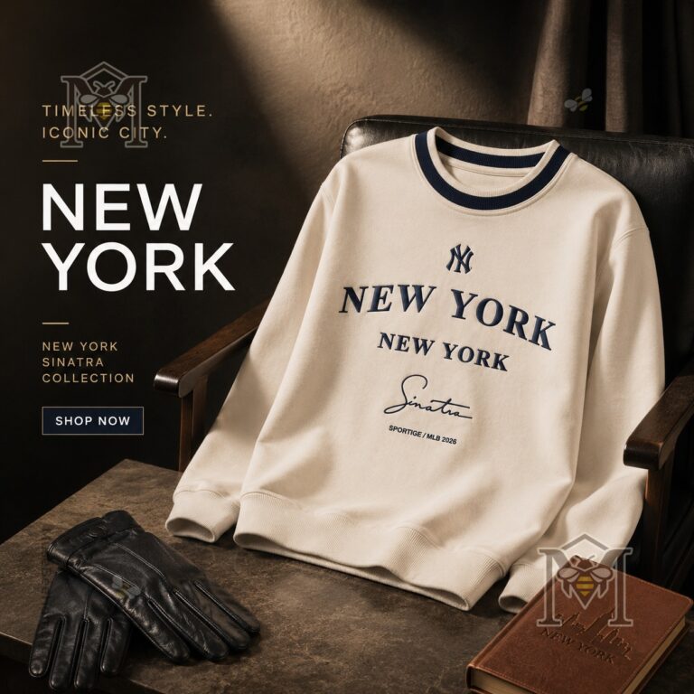 Frank Sinatra New York Yankees MLB 2026 cream crewneck sweatshirt on a dark chair