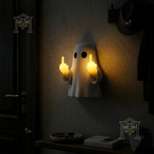 Funny Ghost Flipping Middle Finger Wall Lamp - close-up on textured wall near a door