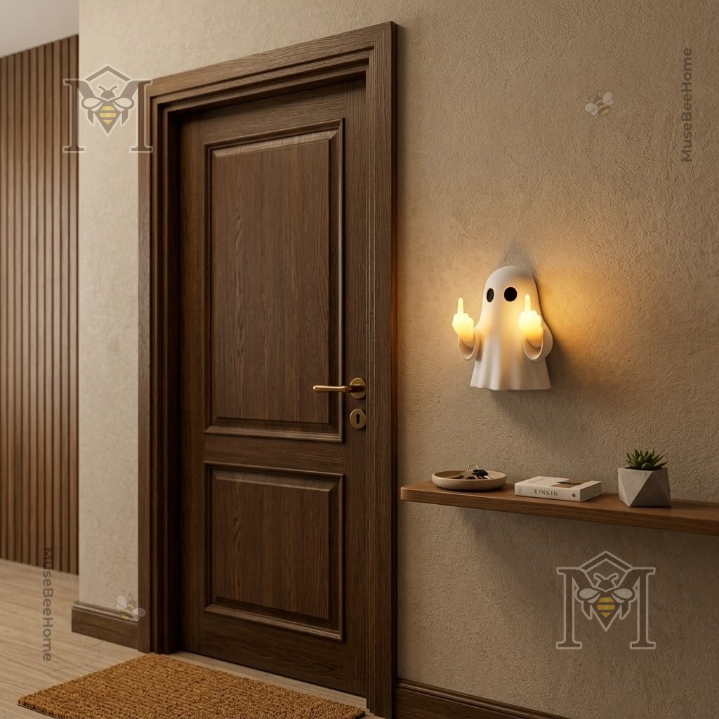 Funny Ghost Flipping Middle Finger Wall Lamp - showing glowing fingers on a light wall