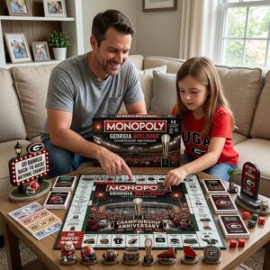 Georgia Bulldogs Monopoly board game box and game board corner with property cards