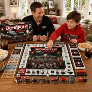 Georgia Bulldogs Monopoly board game box, board, and game pieces on a table