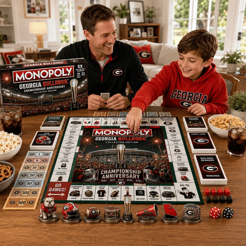 Georgia Bulldogs Monopoly board game box, board, and game pieces on a table