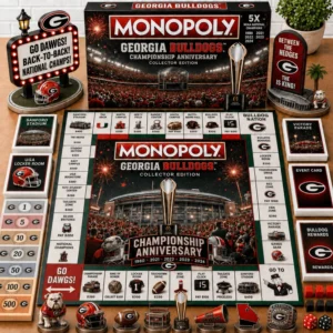 Georgia Bulldogs Championship Anniversary Monopoly board game with all components displayed