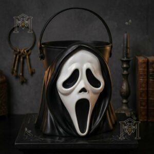 Ghostface Spooky Trick or Treat Decor Halloween Candy Bucket - close-up of the mask and candy against a dark
