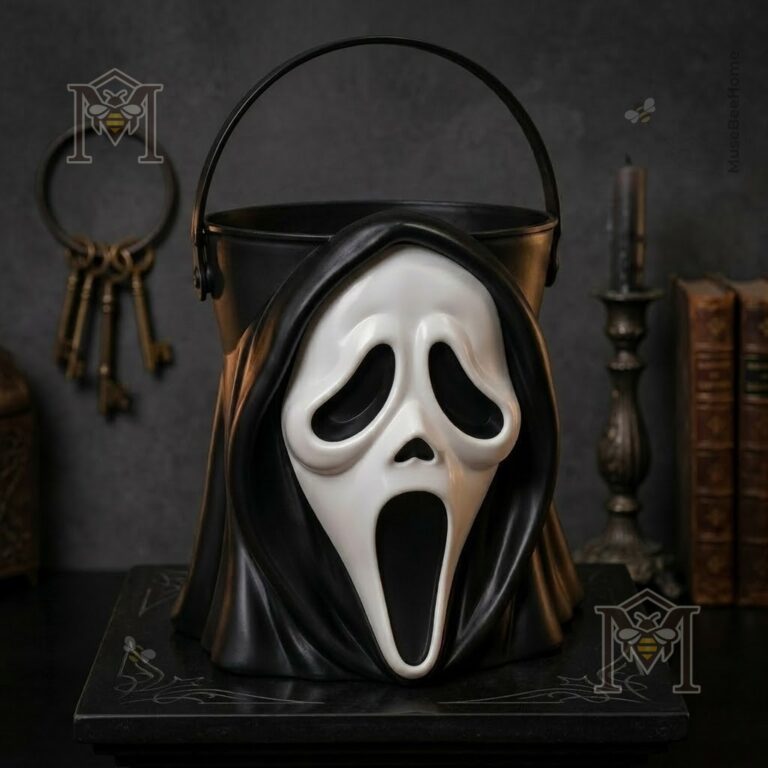 Ghostface Spooky Trick or Treat Decor Halloween Candy Bucket - close-up of the mask and candy against a dark