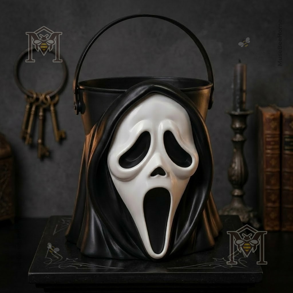 Ghostface Spooky Trick or Treat Decor Halloween Candy Bucket - close-up of the mask and candy against a dark