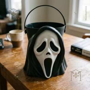Ghostface Spooky Trick or Treat Decor Halloween Candy Bucket - angled shot of the bucket, candy wrappers, and
