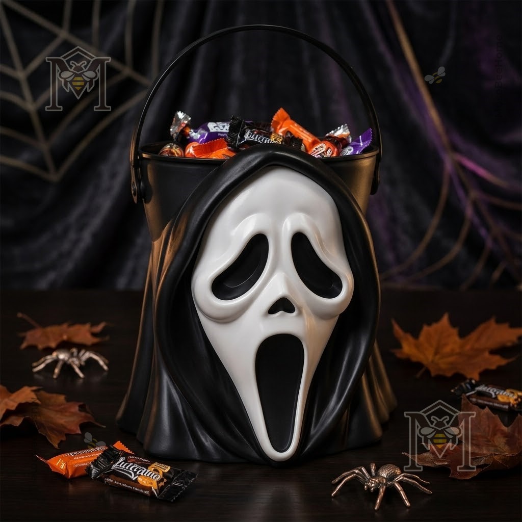 Ghostface Spooky Trick or Treat Decor Halloween Candy Bucket - front view filled with assorted sweets