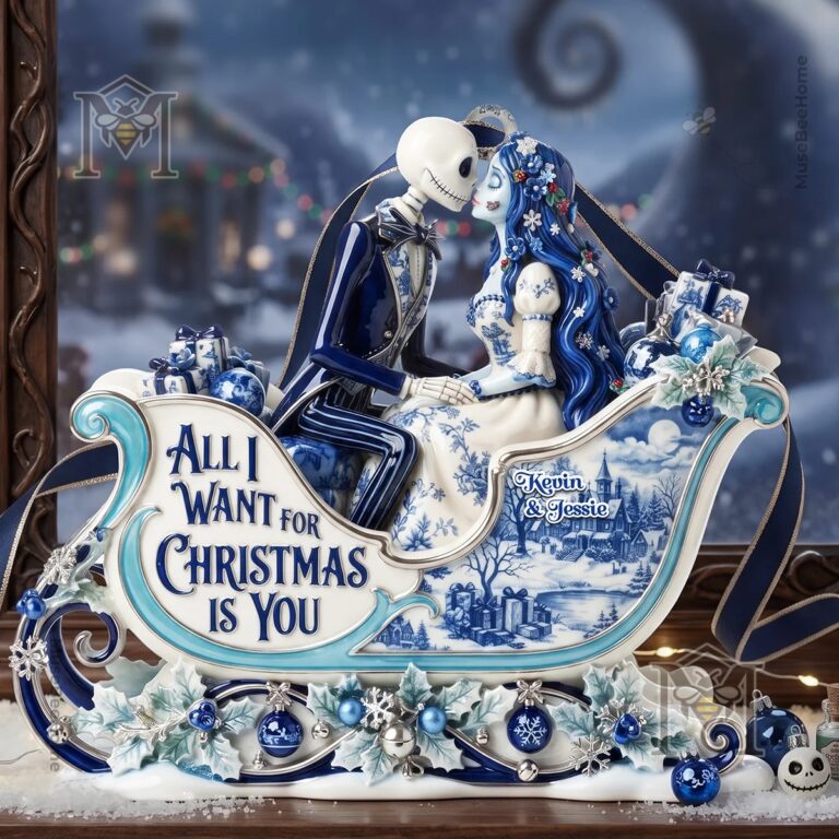 Gothic Couple Toile de Jouy Personalized Christmas Ornament - close-up on the 'All I Want for Christmas Is