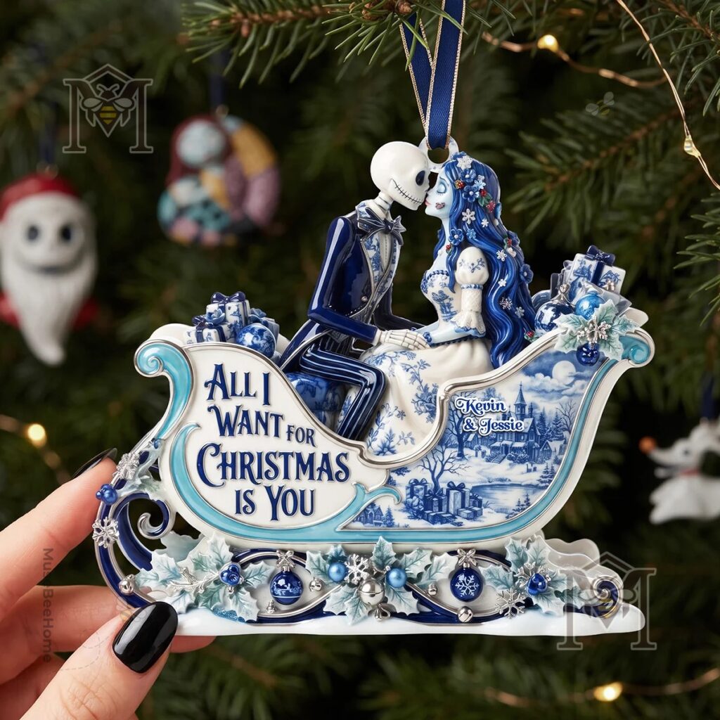 Gothic Couple Toile de Jouy Personalized Christmas Ornament - close-up of the kissing couple and custom names