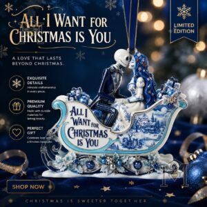 Gothic Couple Toile de Jouy Personalized Christmas Ornament - full view with festive blue background