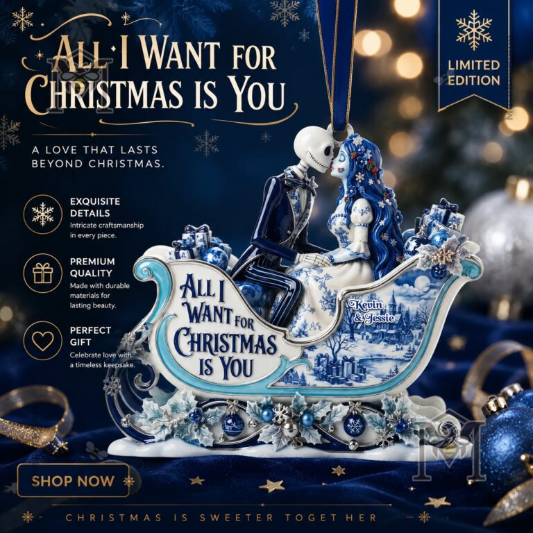 Gothic Couple Toile de Jouy Personalized Christmas Ornament - full view with festive blue background