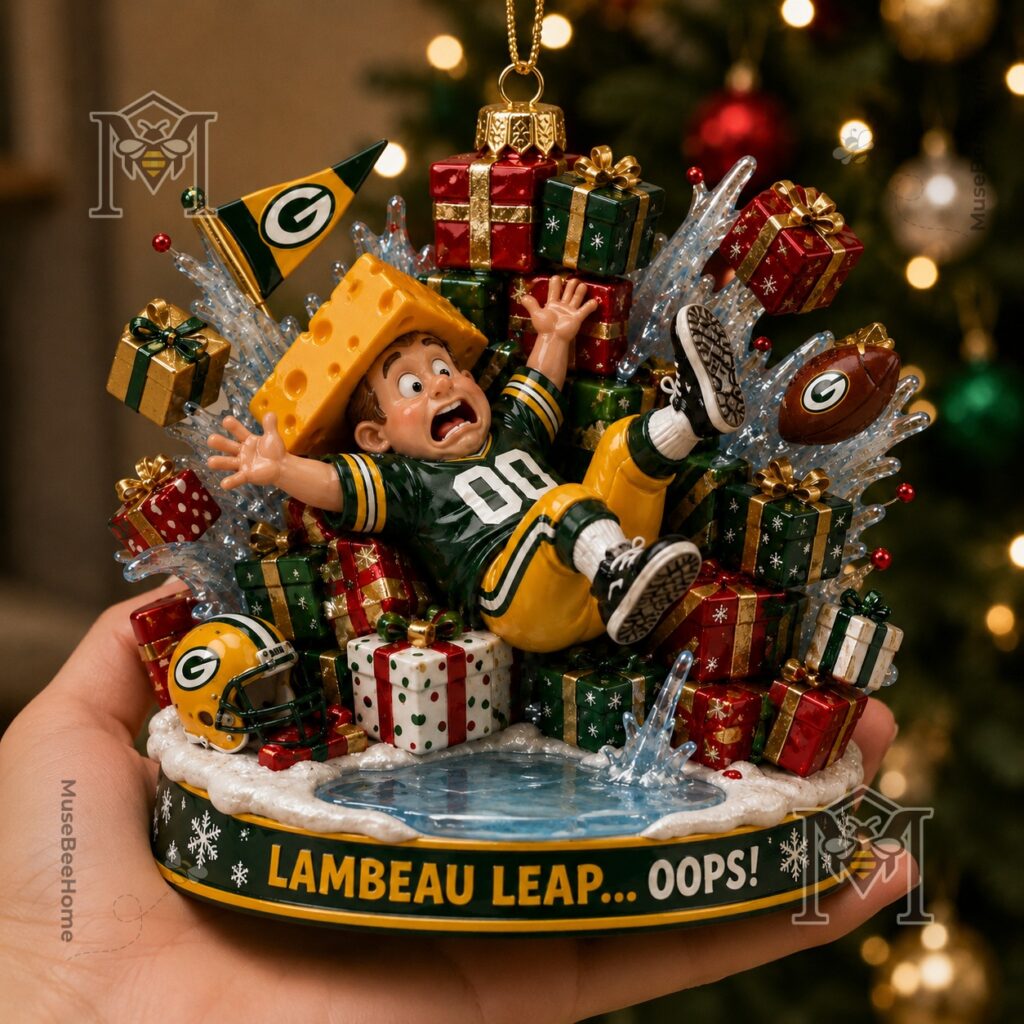 Green Bay Packers Cheesehead Christmas Ornament 2026 - close-up of base text and football