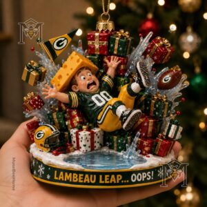 Green Bay Packers Cheesehead Christmas Ornament 2026 - close-up of base text and football