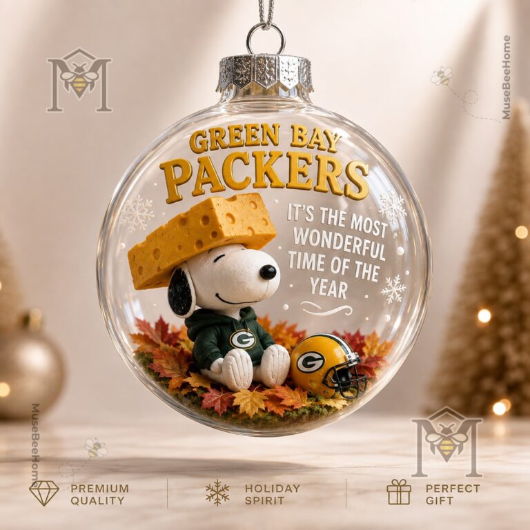 Green Bay Packers Snoopy Christmas Snow Globe Ornament 2026 - front view with Snoopy and football helmet