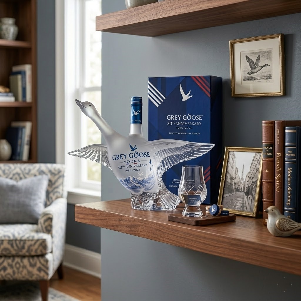 Grey Goose 30th Anniversary 1996-2026 Vodka Bottle Collector Edition - top corner of box with white diagonal