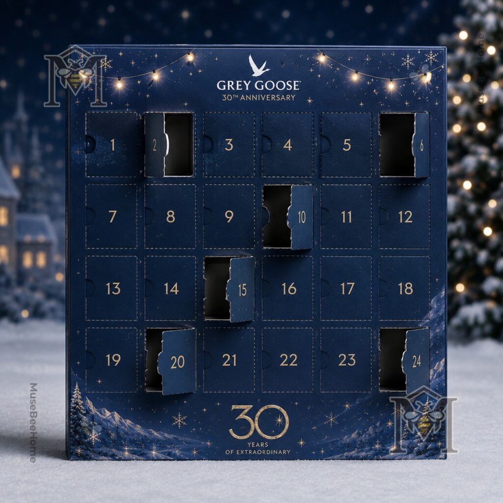 Grey Goose 30th Anniversary Christmas Advent Calendar - close-up of box and top ornaments