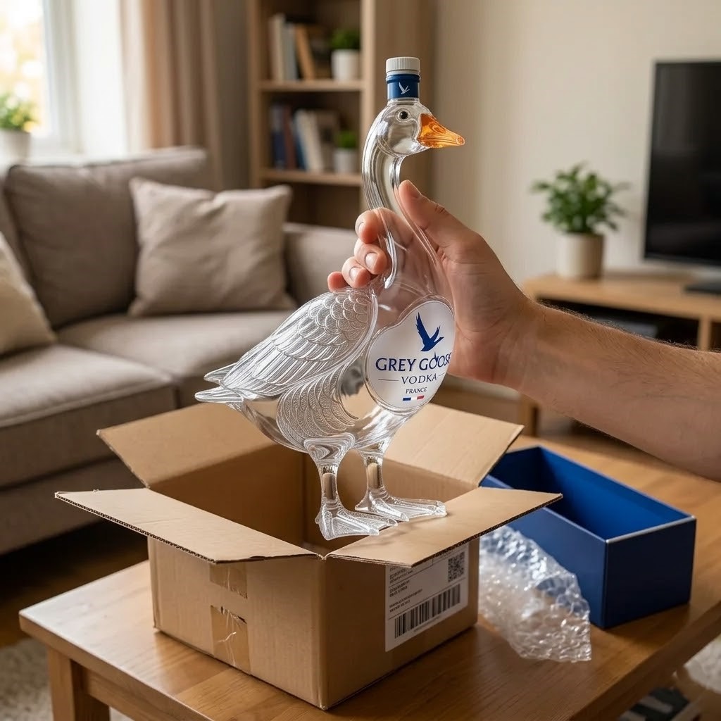 Grey Goose Vodka 3D Sculpted Whiskey Bottle Collector Edition - held by hands, showing label and goose head