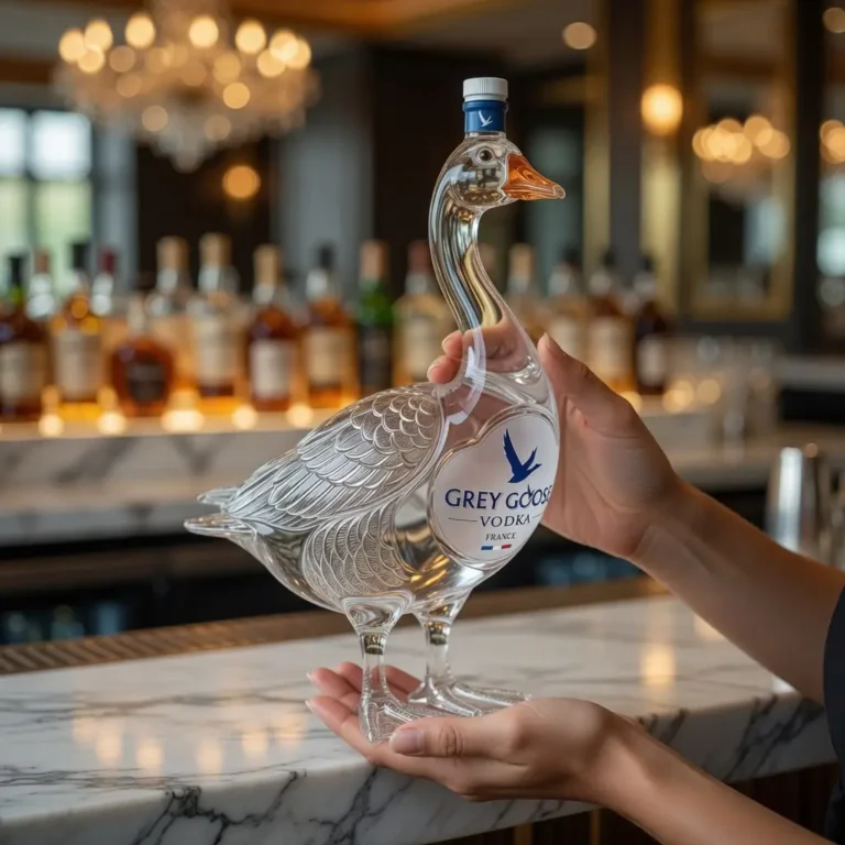 Grey Goose Vodka 3D Sculpted Whiskey Bottle Collector Edition - full view held by hands on a marble bar