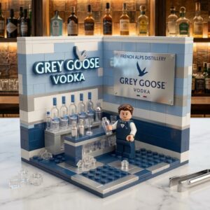 Grey Goose Vodka Miniature Bar Building Block Set - close-up of illuminated logo and bottles
