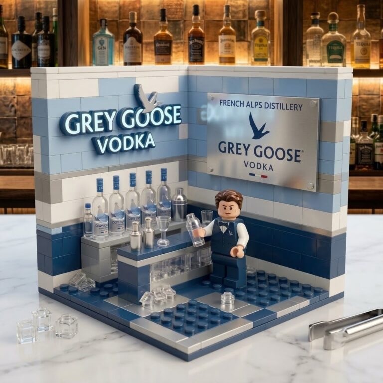 Grey Goose Vodka Miniature Bar Building Block Set - close-up of illuminated logo and bottles