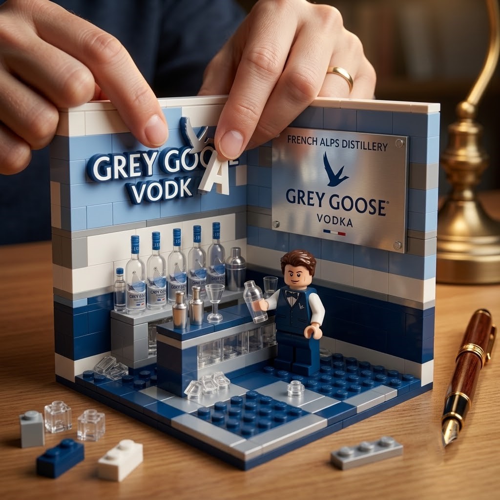 Grey Goose Vodka Miniature Bar Building Block Set - close-up of French Alps Distillery sign and bartender