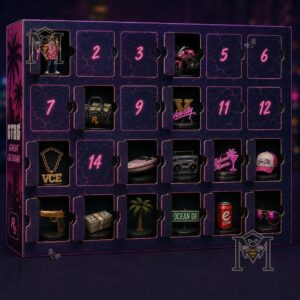 GTA 6 Advent Calendar Miniature Figures and Accessories - close-up of box and first row figures