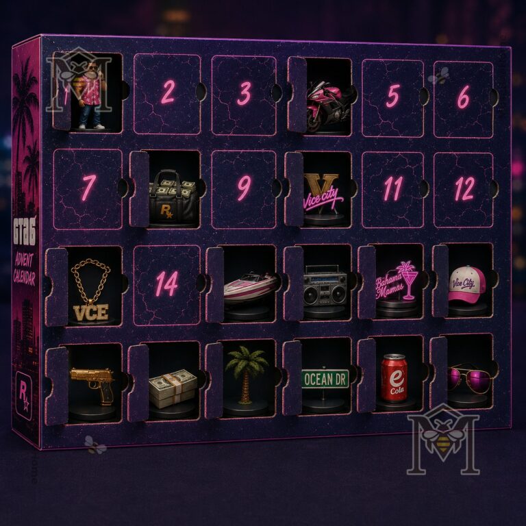 GTA 6 Advent Calendar Miniature Figures and Accessories - close-up of box and first row figures