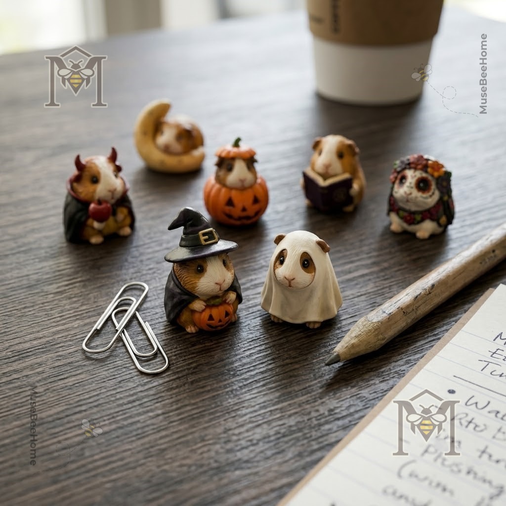 Guinea Pig Spooky Halloween Advent Calendar 2026 - lower display of guinea pig figurines including crescent