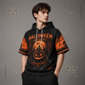Halloween Nightmare Lurks Spooky Pumpkin Hoodie - close-up of text and model's hand pointing