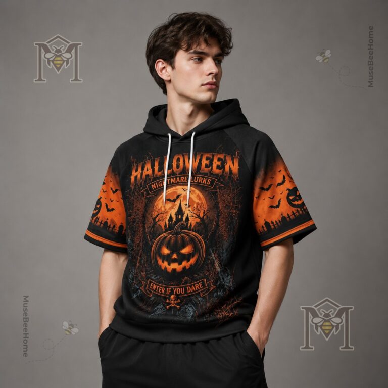 Halloween Nightmare Lurks Spooky Pumpkin Hoodie - close-up of text and model's hand pointing