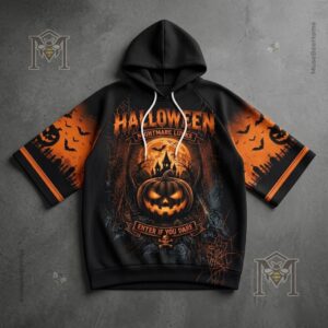 Halloween Nightmare Lurks Spooky Pumpkin Hoodie - model's face and upper chest showing hoodie details