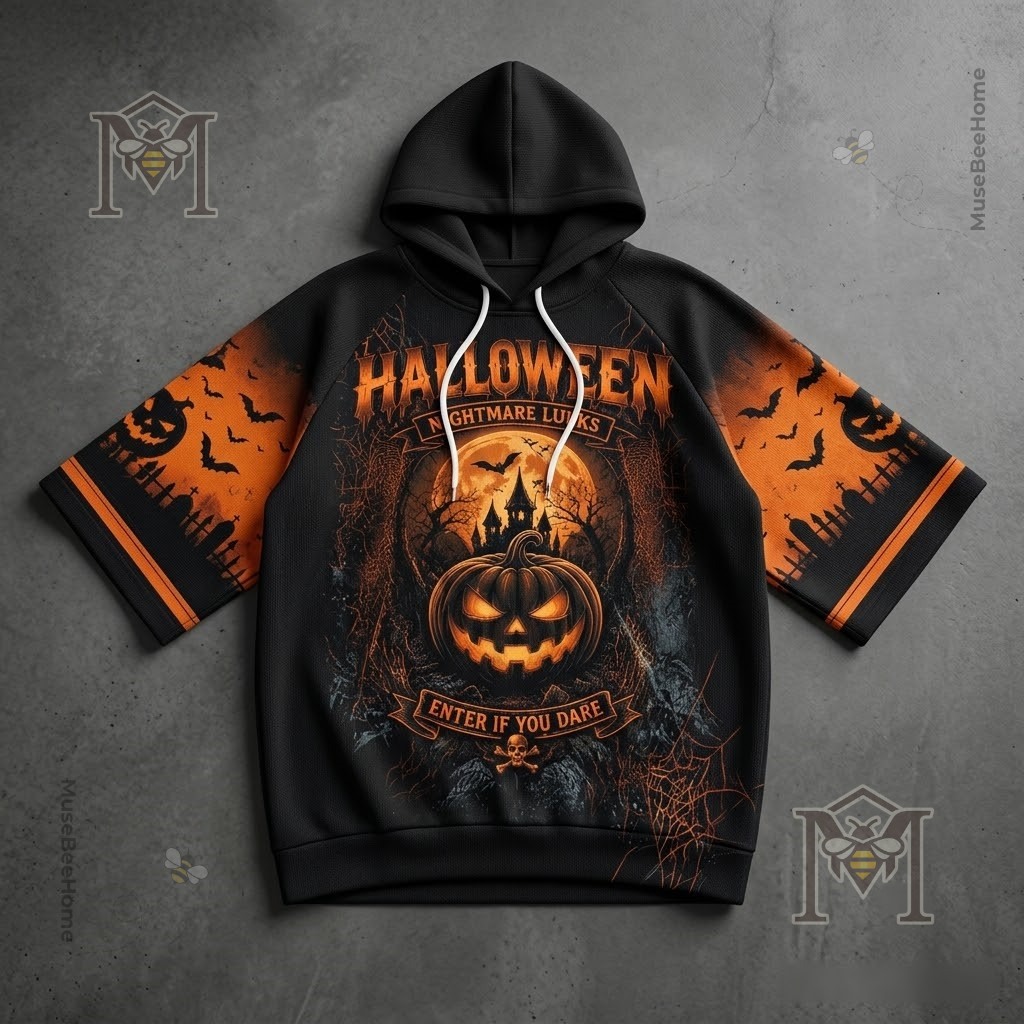 Halloween Nightmare Lurks Spooky Pumpkin Hoodie - model's face and upper chest showing hoodie details