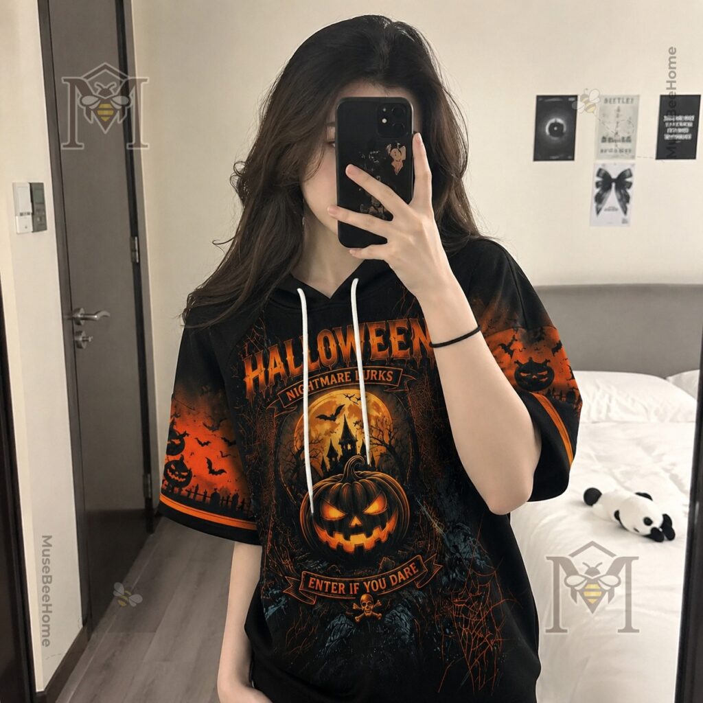 Halloween Nightmare Lurks Spooky Pumpkin Hoodie - close-up of bottom half of hoodie and pleated skirt