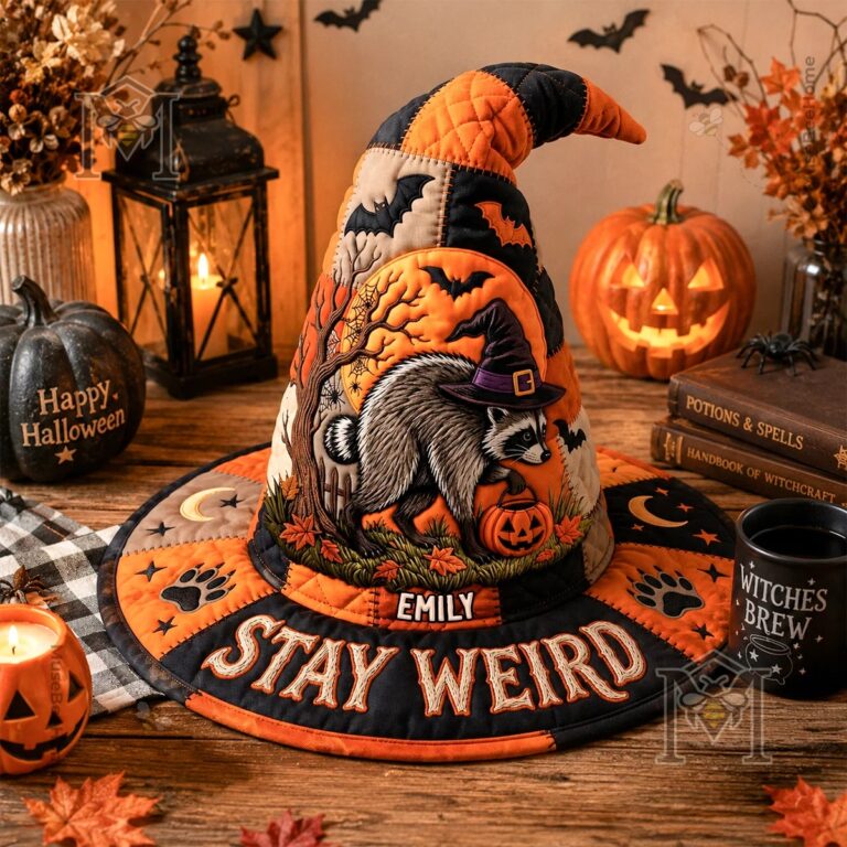Halloween Raccoon Quilted Personalized Witch Hat - top section of the hat and descriptive text