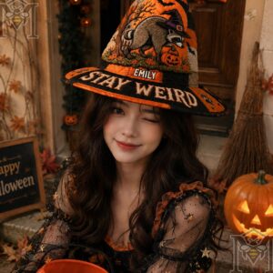 Halloween Raccoon Quilted Personalized Witch Hat - side view against a full moon and haunted house background