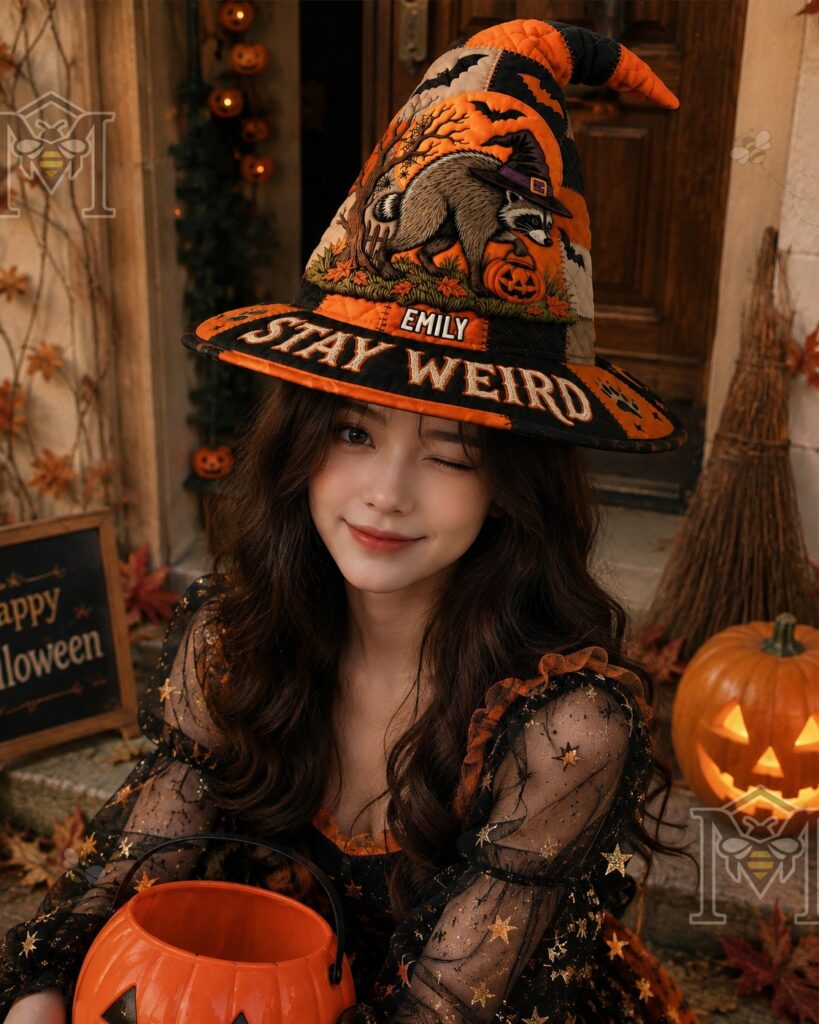 Halloween Raccoon Quilted Personalized Witch Hat - side view against a full moon and haunted house background