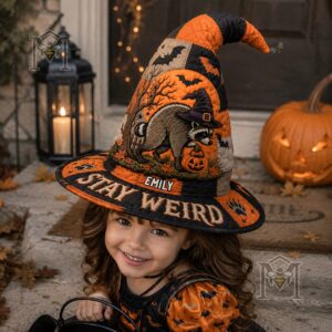 Halloween Raccoon Quilted Personalized Witch Hat - side view with feature icons
