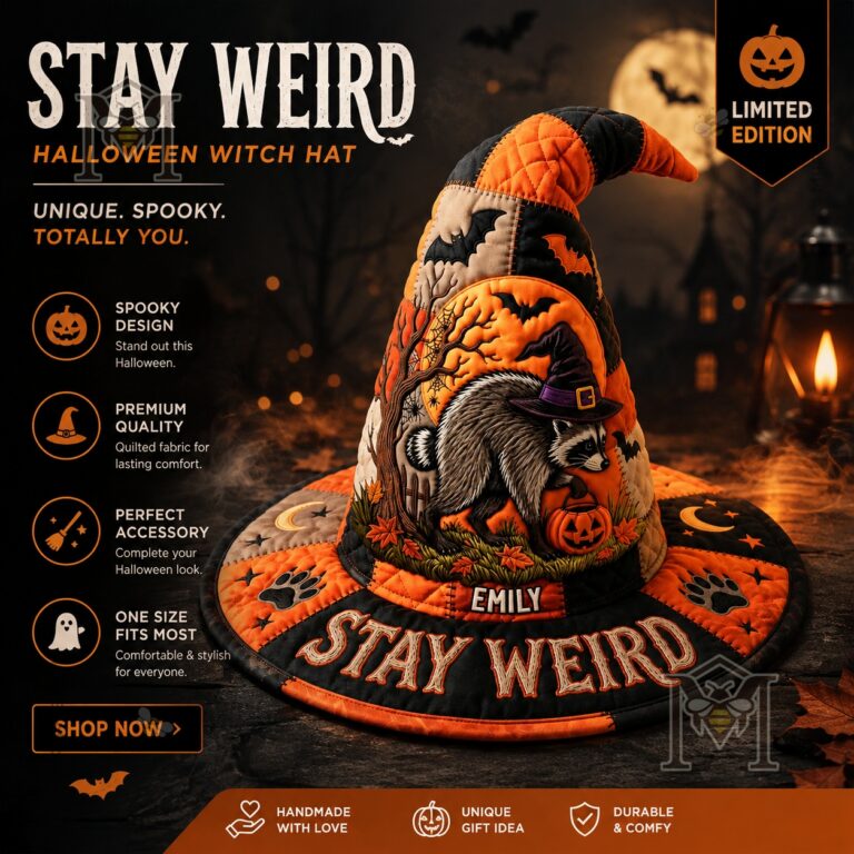 Halloween Raccoon Quilted Personalized Witch Hat - full product view with marketing text