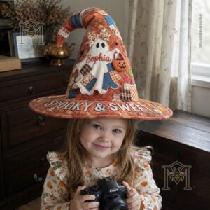 Halloween Spooky & Sweet Ghost Personalized Quilted Witch Hat - close-up of ghost and top of hat