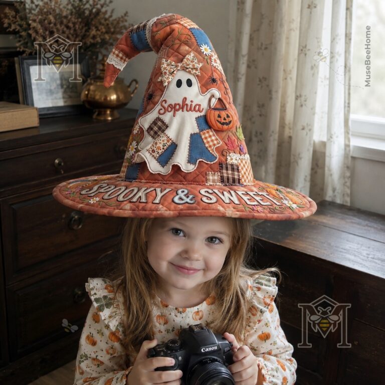 Halloween Spooky & Sweet Ghost Personalized Quilted Witch Hat - close-up of ghost and top of hat