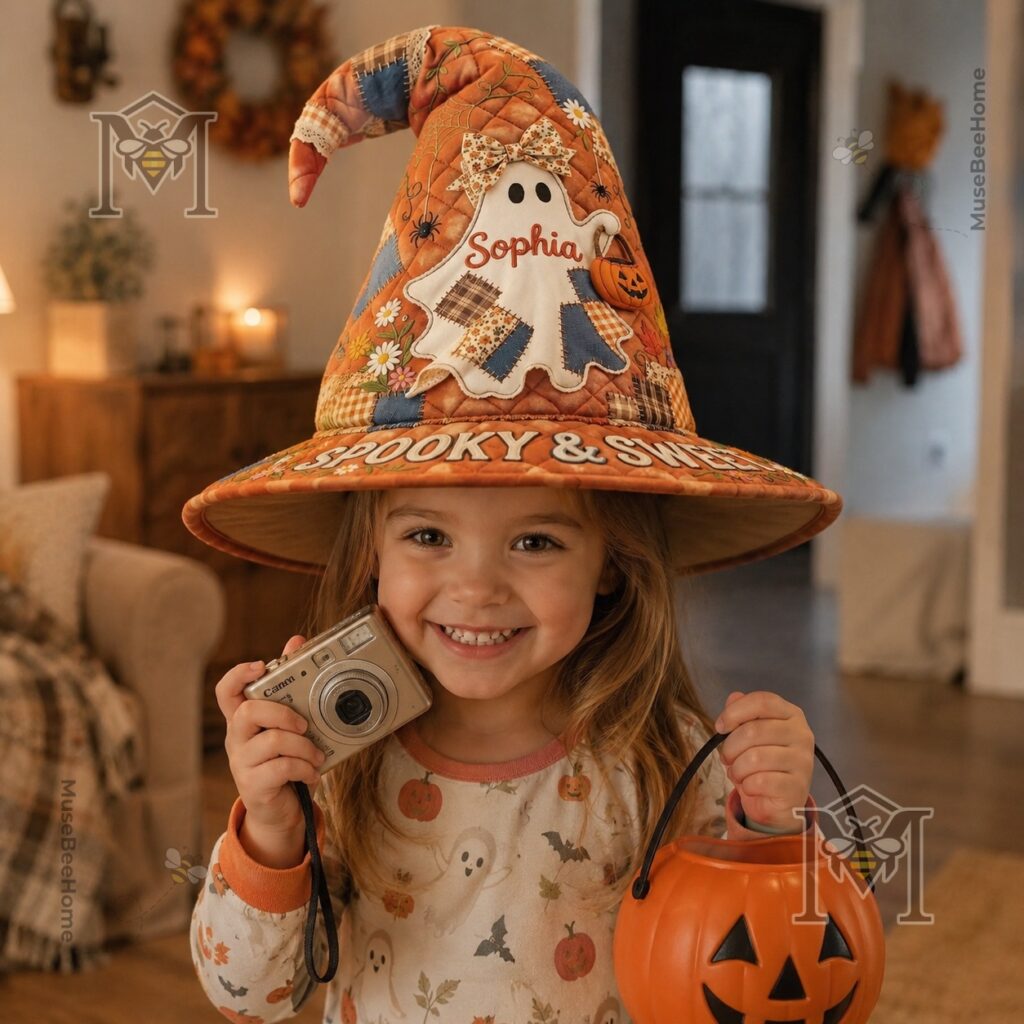 Halloween Spooky & Sweet Ghost Personalized Quilted Witch Hat - close-up of brim with 'SPOOKY & SWEET' text