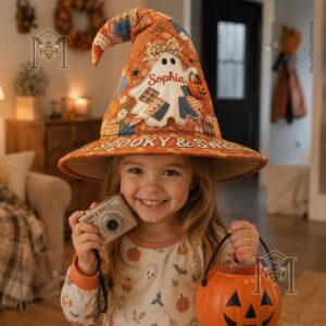 Halloween Spooky & Sweet Ghost Personalized Quilted Witch Hat - close-up of brim with 'SPOOKY & SWEET' text