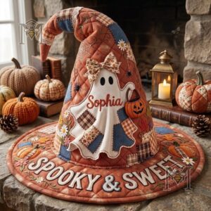 Halloween Spooky & Sweet Ghost Personalized Quilted Witch Hat - full view on stone hearth