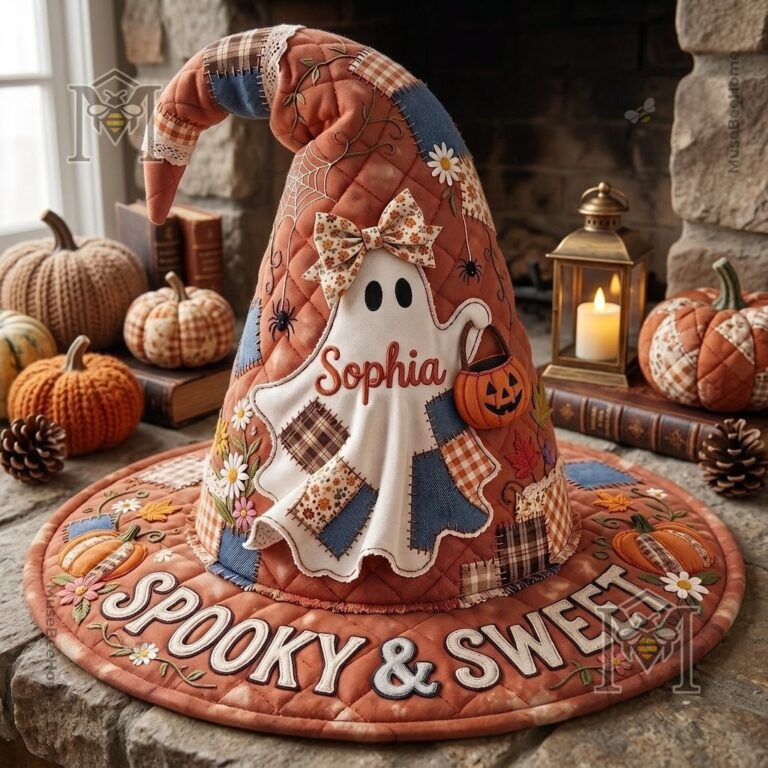 Halloween Spooky & Sweet Ghost Personalized Quilted Witch Hat - full view on stone hearth