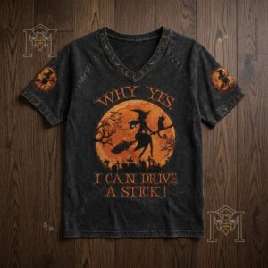 Halloween Witch Flying Broomstick I Can Drive A Stick V-Neck T-Shirt - close-up on shoulder and collar detail