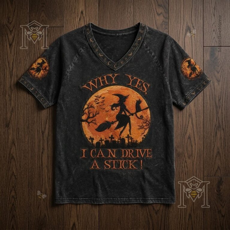Halloween Witch Flying Broomstick I Can Drive A Stick V-Neck T-Shirt - close-up on shoulder and collar detail